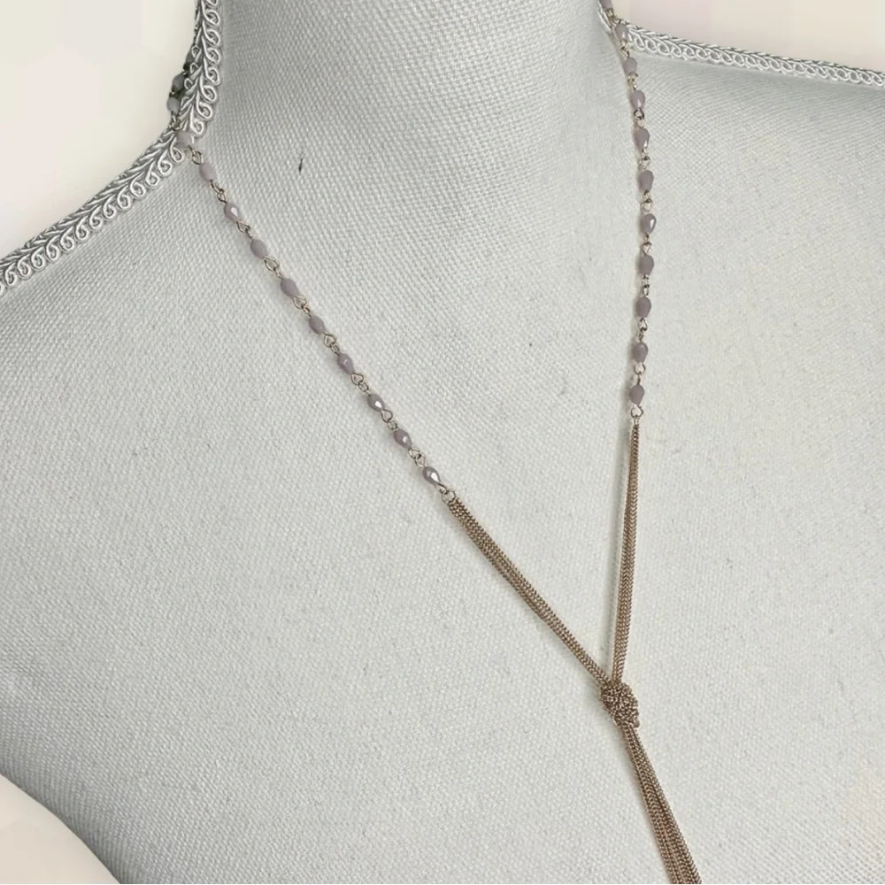 NEW Whimsical Mauve Mixed Stones & Chain Knotted Tassel Necklace - Picture 5 of 8